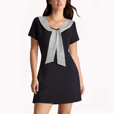 V Neck Striped Fake Two Piece Dress