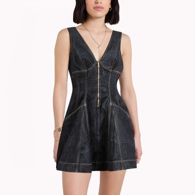 V Neck Zipper Denim Dress