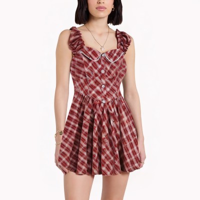 Square Neck Red Plaid Dress