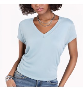 Blue Straight Shoulder V Neck Short Sleeved T Shirt