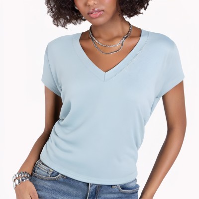 Blue Straight Shoulder V Neck Short Sleeved T Shirt