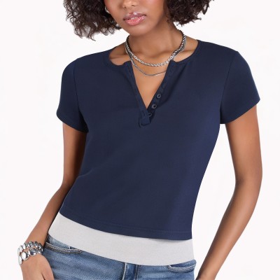 Contrast Color Fake Two Piece Short Sleeved T Shirt