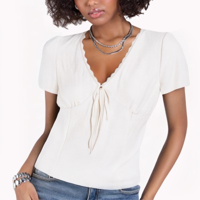 V Neck Lace Short Sleeved Top