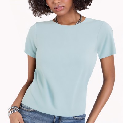 Blue Ice Silk V Neck Short Sleeve