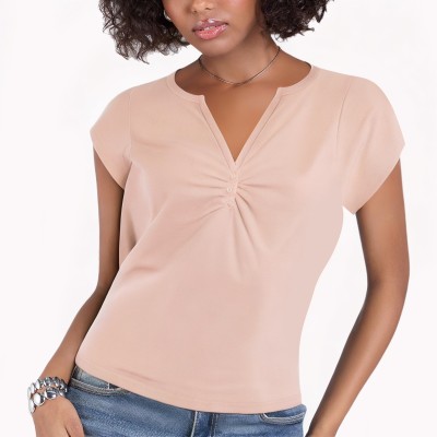 Pink V Neck Straight Shoulder Short Sleeved T Shirt