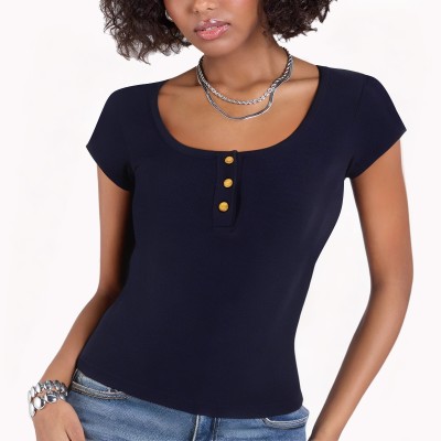 Navy Blue Straight Shoulder U Neck Short Sleeves