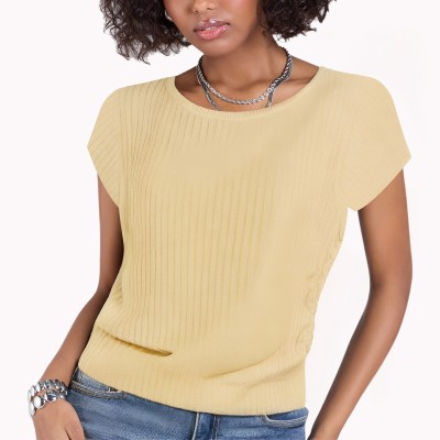 Side Waist Pleated Knitted Short Sleeved T Shirt