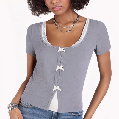 Bowknot Lace Fake Two Piece Short Sleeves
