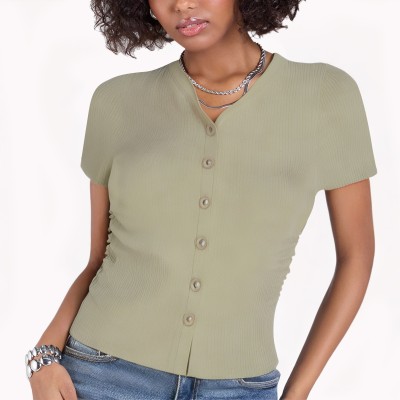 V Neck Solid Color Knitted Short Sleeves