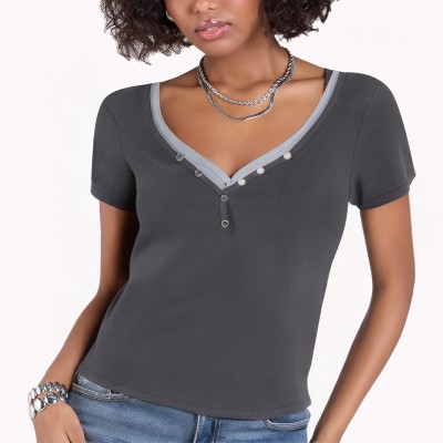 Dark Grey Fake Two Piece Straight Shoulder Short Sleeves