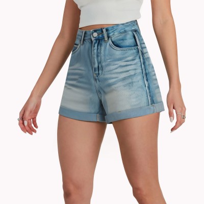 Light Blue Rolled Edge Wide Leg Denim Shorts