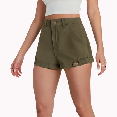 Dark Green Low Waisted Rolled Up Denim Shorts