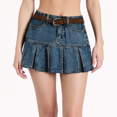 Casual Denim Pleated Skirt