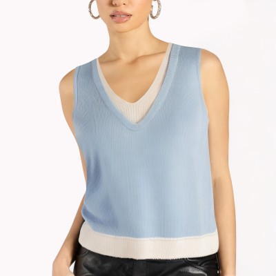 Contrast Color Knitted Fake Two Piece Sleeveless Top