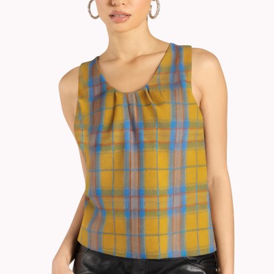 U Neck Contrast Plaid Sleeveless Top