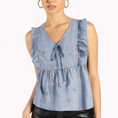 Floral V Neck Top With Small Flying Sleeves