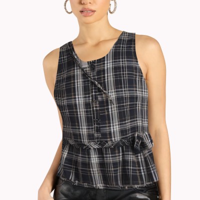 Navy Blue Plaid Sleeveless Top