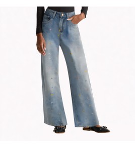 Flower Embroidered Wide Leg Jeans
