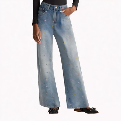 Flower Embroidered Wide Leg Jeans